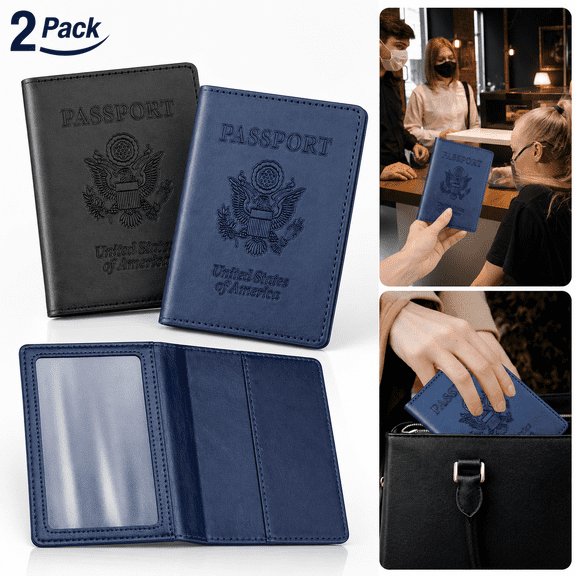Black & Dark Blue Passport Holder for Travel, Passport Cover Wallet Case 2 Pack Women Men Family Cruise Ship Essentials, Passports Book Holders Travel Vacation Must Haves