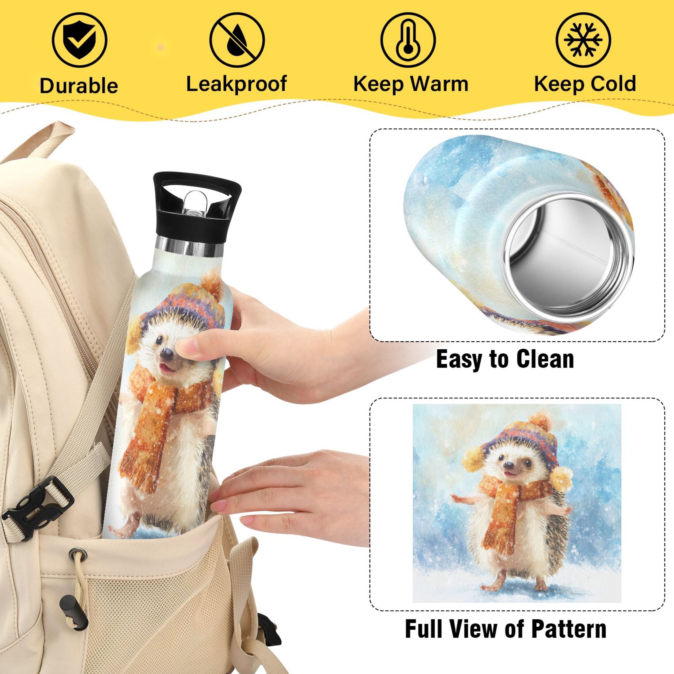 Kids Insulated Stainless Steel Sports Water Bottle 600ml (20oz) Cute Hedgehog in Hat
