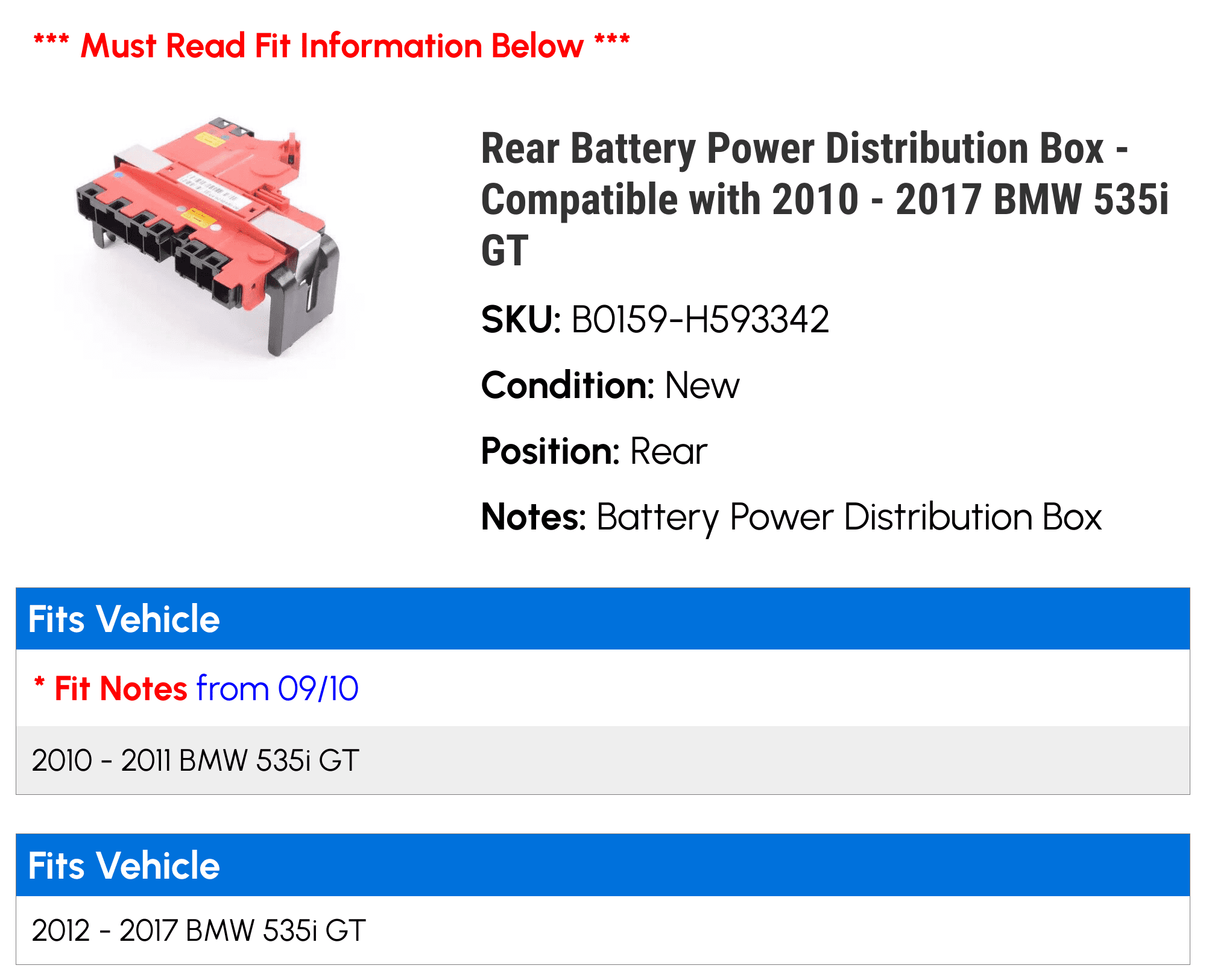 Rear Battery Power Distribution Box - Compatible with 2010 - 2017 BMW 535i GT 2011 2012 2013 2014 2015 2016