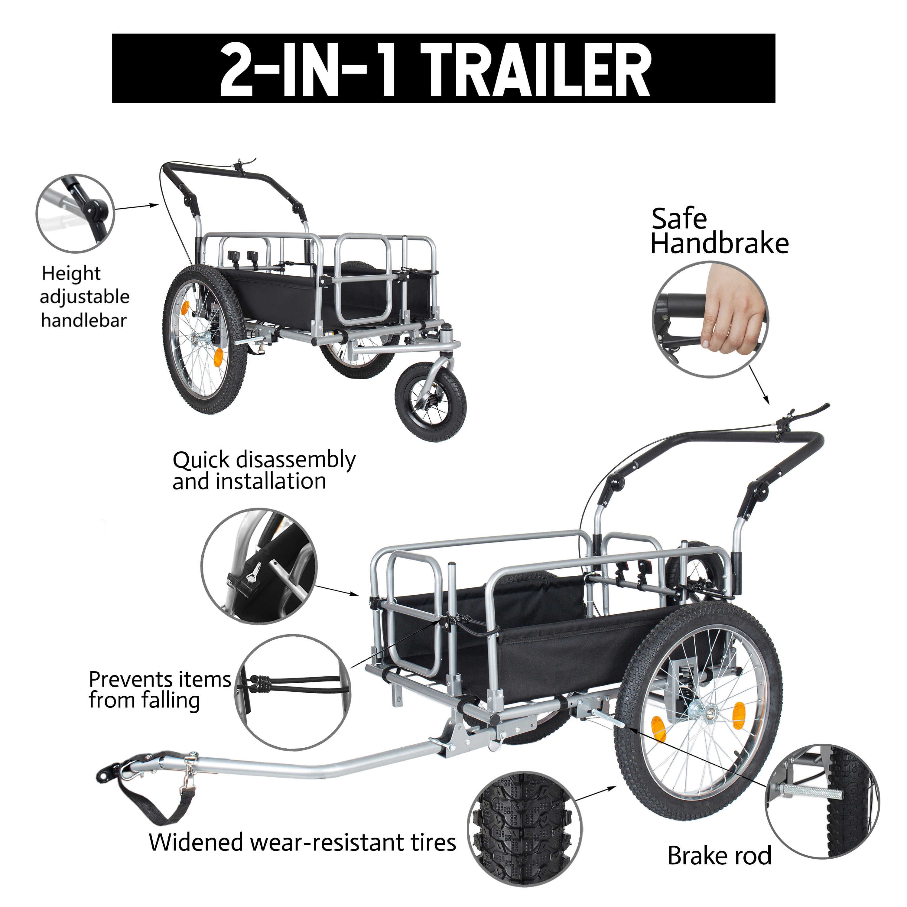 3-in-1 Heavy-Duty Bike Cargo Trailer, Upgraded 20"x2.6" Wide Fat Tires, 150lbs Capacity, Steel Frame, Convertible Stroller & Pull Cart w/Suspension