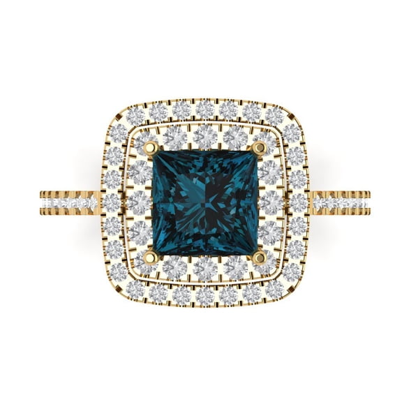 Halo Engagement Ring for Women - 2.07ct Natural London Blue Topaz in 14K Yellow Gold Promise Ring