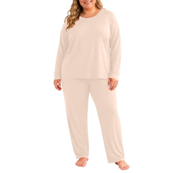 WAGUTH Plus Size 2 Piece Thermal Underwear Sets for Women Long Sleeve Round Neck Top & High Waist Pants Loose Fit Soft Loungewear Sets