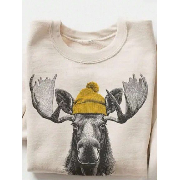 Women's Long Sleeve Moose Graphic Pullover, Casual Drop Shoulder Sweatshirt With Round Neck For Winter Fashion