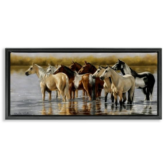 Stupell Industries Horse Herd Splashing Animals & Insects Painting Black Floater Framed Canvas Art Print Wall Art, 25 x 11