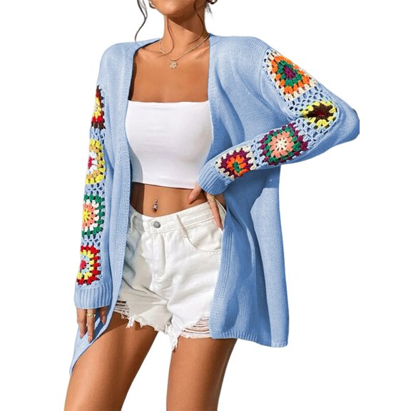 2025 Boho Floral Pattern Crochet Open Front Long Sleeve Casual Knit Cardigan Sweater  Blue L