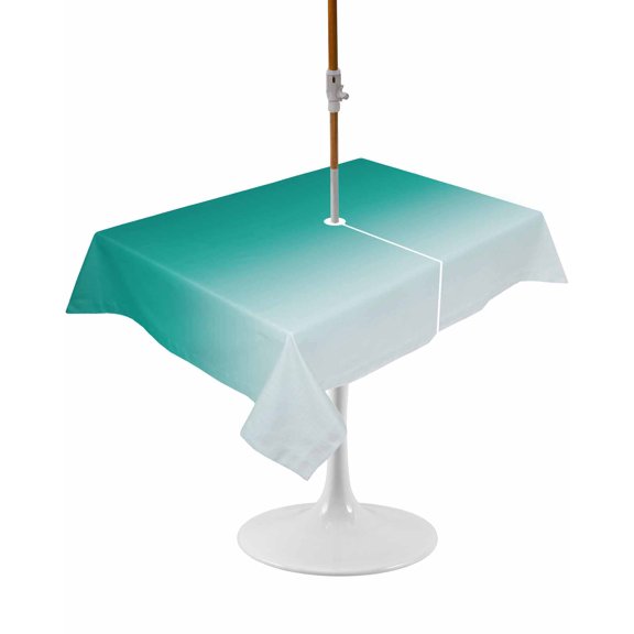 Outdoor Table Cloth with Umbrella Hole and Zipper, Teal Ombre Waterproof Rectangle Tablecloth 54"x80", Turquoise White Gradient Modern Abstract Art Washable Table Cover for Outside Party Patio Picnic