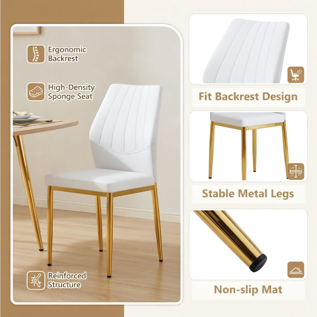 Hommoo 4-Pack Modern Dining Chairs, 37 in Tall, Ergonomic PU Leather Backrest, Sturdy Metal Frame, Easy-Clean Design for Kitchen or Dining Room, White & Gold