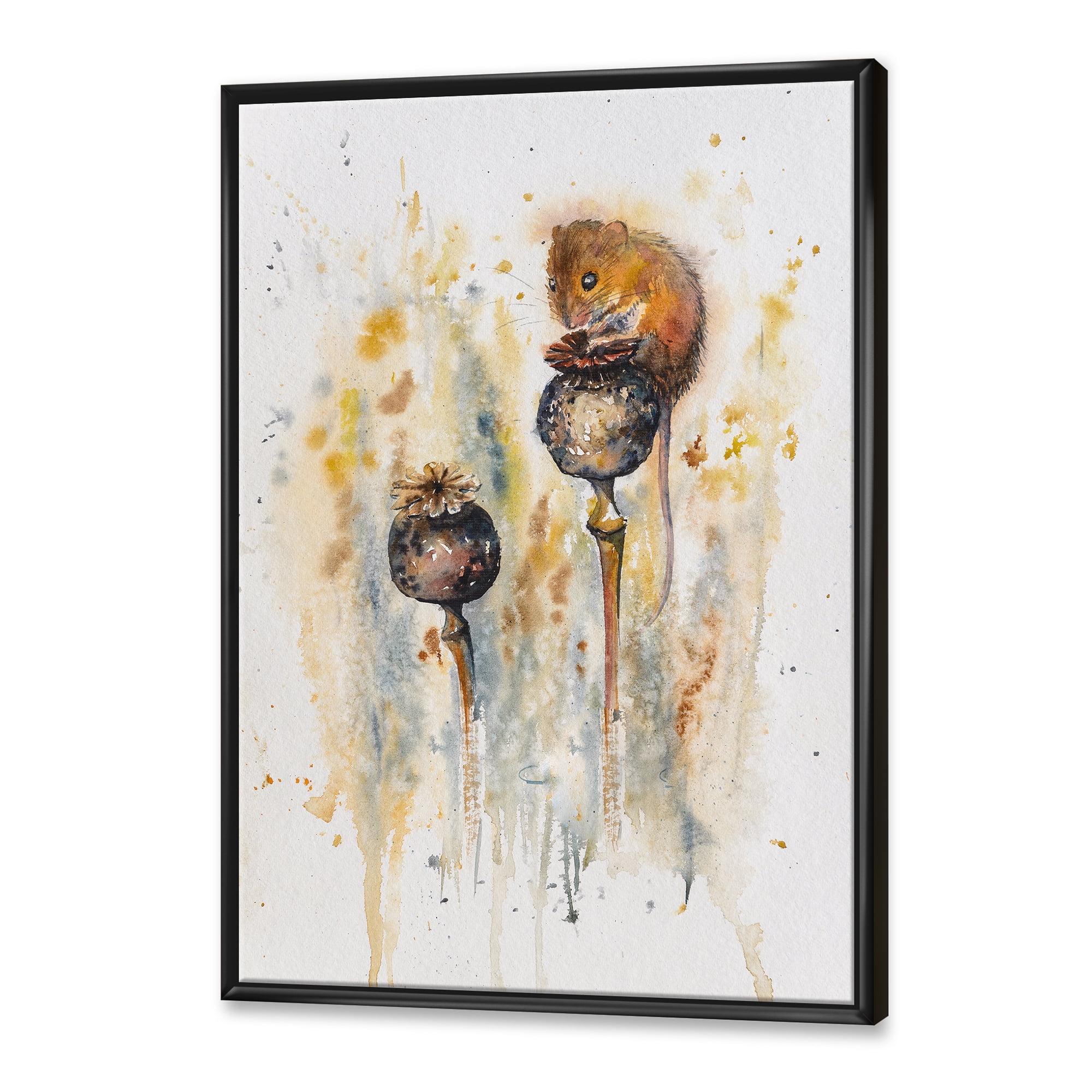 Designart 'Little Mouse Sitting On Poppies' Traditional Framed Canvas Wall Art Print