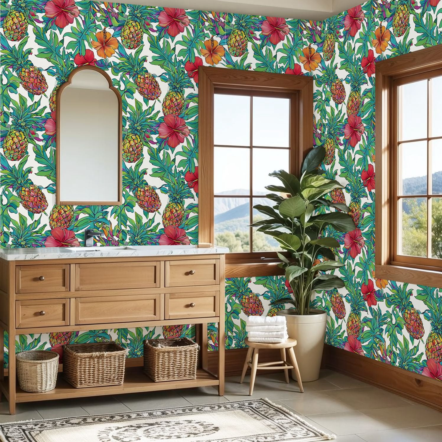 Peel and Stick Wallpaper Colorful Tropical Pineapple Hibiscus Floral Wall Mural 23.6in x 9.8ft Self Adhesive Removable Wall Paper Renter Friendly Wallpaper for Nursery Bedroom Cabinets