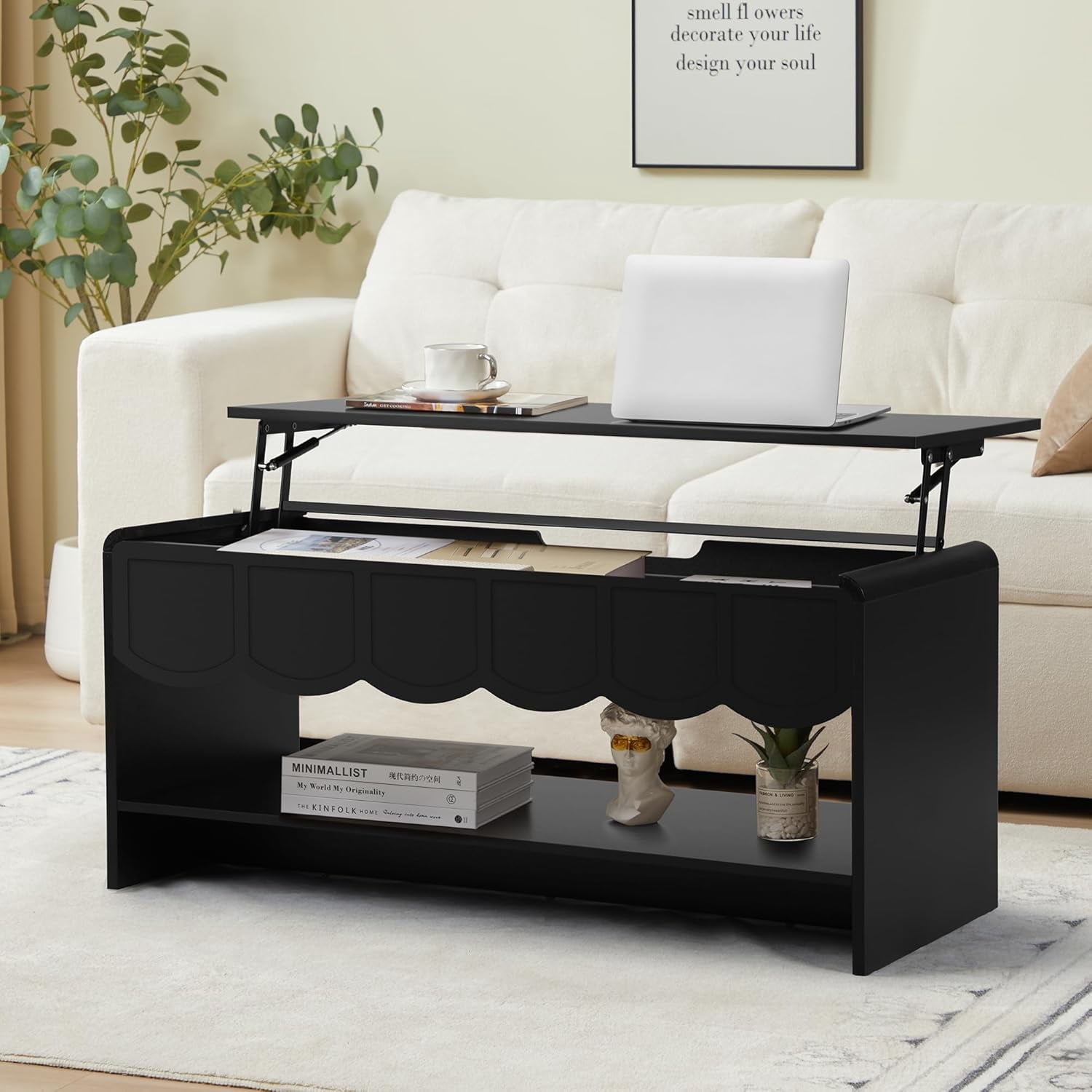 Wirrytor Lift Top Coffee Table with Storage for Living Room, Oval Coffee Table with Hidden Compartment and Open Shelf, Modern Center Table with Wave Edge Design