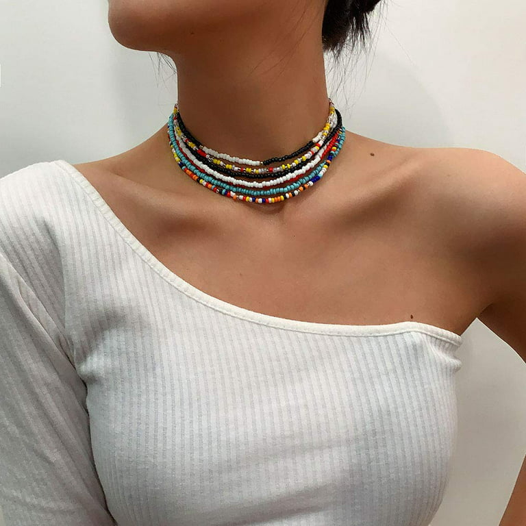 Yalice Multicolor Choker Necklace Chain Rainbow Seed Bead Necklaces Jewelry  for Women and Girls