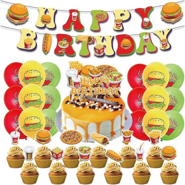 Fast Food Birthday Party Decorations Pizza Party Supplies including Burger Happy Birthday Banner Coke Balloon French Fries Cake