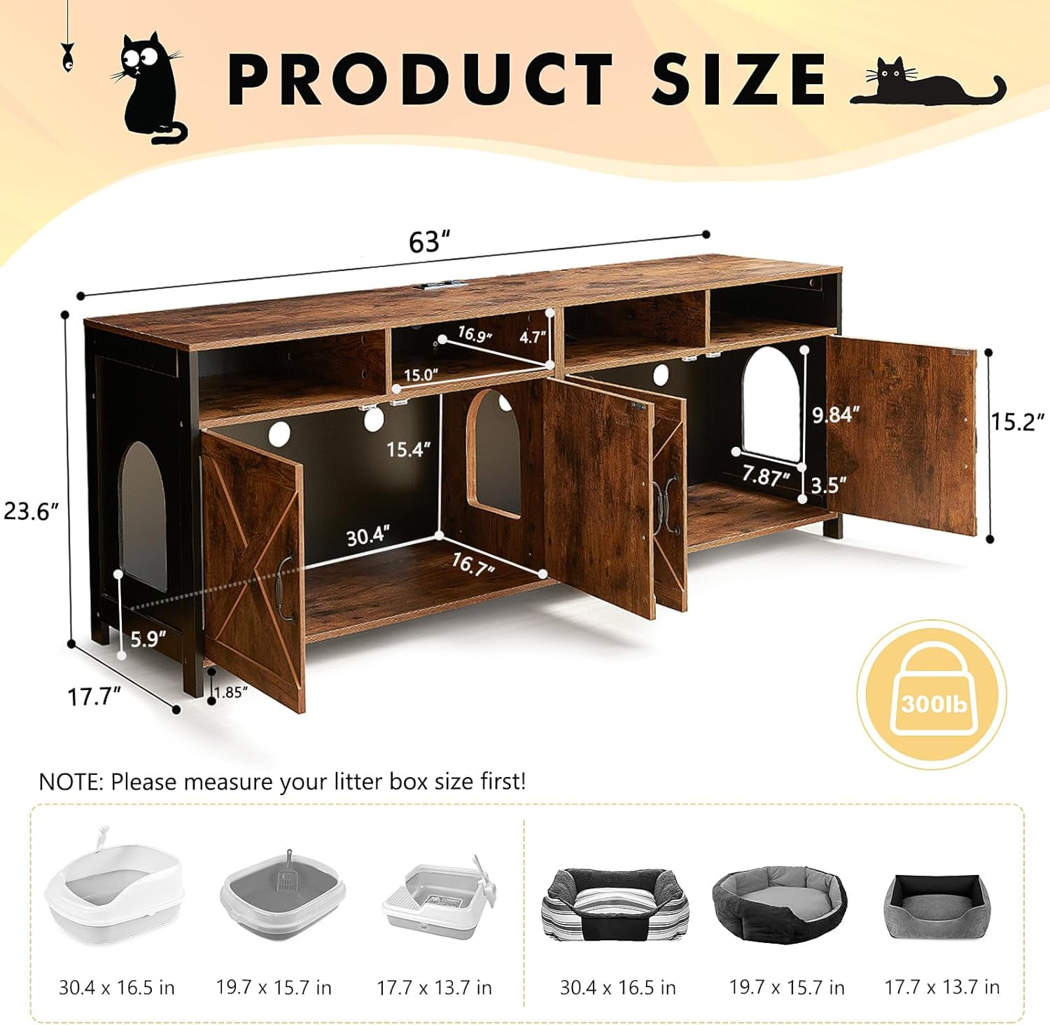 JanflyHome Cat Litter Box Furniture, 63 Inch TV Stand 2 Cats Double Litter box Enclosure Hidden Washroom TV Stand, Vintage Brown