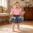 thumbnail image 4 of Toddler Girl Clothes Toddler Baby Girl Fall Winter 9 12 18 24 Months 2T 3T Long Sleeve Ruffle Romper Top Denim Pleated Skirt Set 3Pcs Clothes Set, 4 of 7
