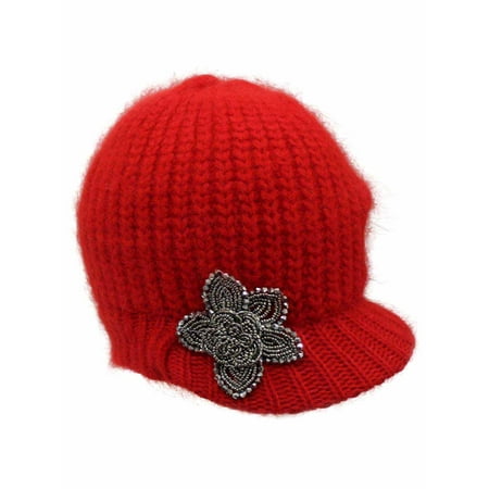 - Angora Knit Newsboy Hat With Beaded Flower