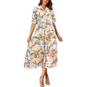 PRETTYGARDEN Women's Summer Beach Maxi Dress Short Sleeve Buttons Tiered Ruffle A Line Swing Dresses