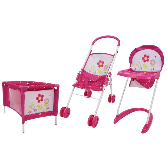 509 Crew Garden 3 Piece Stroll n' Care Doll Play Set- W/ Half Folding Stroller, Play Yard & Highchair, Ages 3