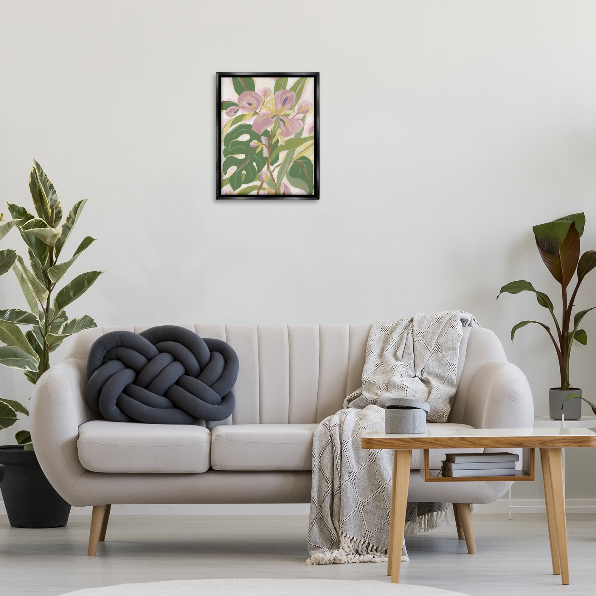 Stupell Industries Monstera & Pink Flower Plants & Flowers Painting Black Floater Framed Canvas Art Print Wall Art, 17 x 21