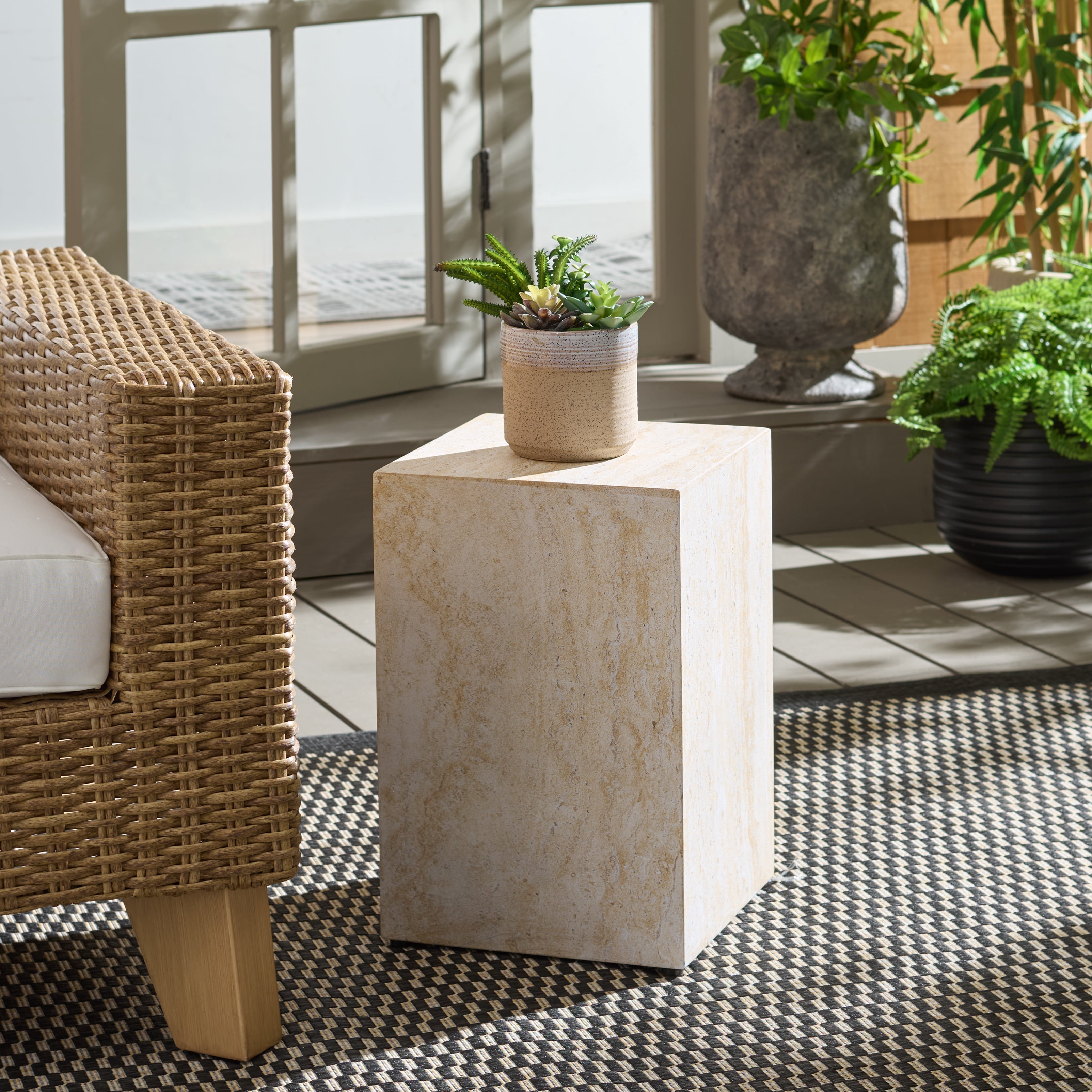 Safavieh Tina Cube Outdoor Polystone End Table, Travertine