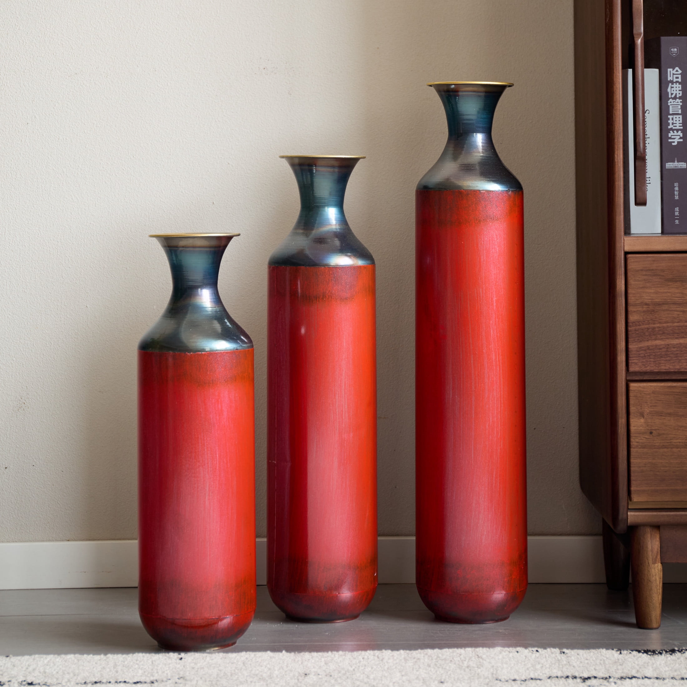 Noble House Set of 3 Torch-Fired Metal Floor Vases, 28.35", 24.41", 20.47" Tall, Red