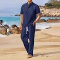 thumbnail image 2 of JIKNTTR Men's 2 Piece Hawaiian Outfits Solid Color Set Casual Short Sleeve Shirts Beach Yoga Pants Summer Outfits Stylish Vacation Outfits, 2 of 7