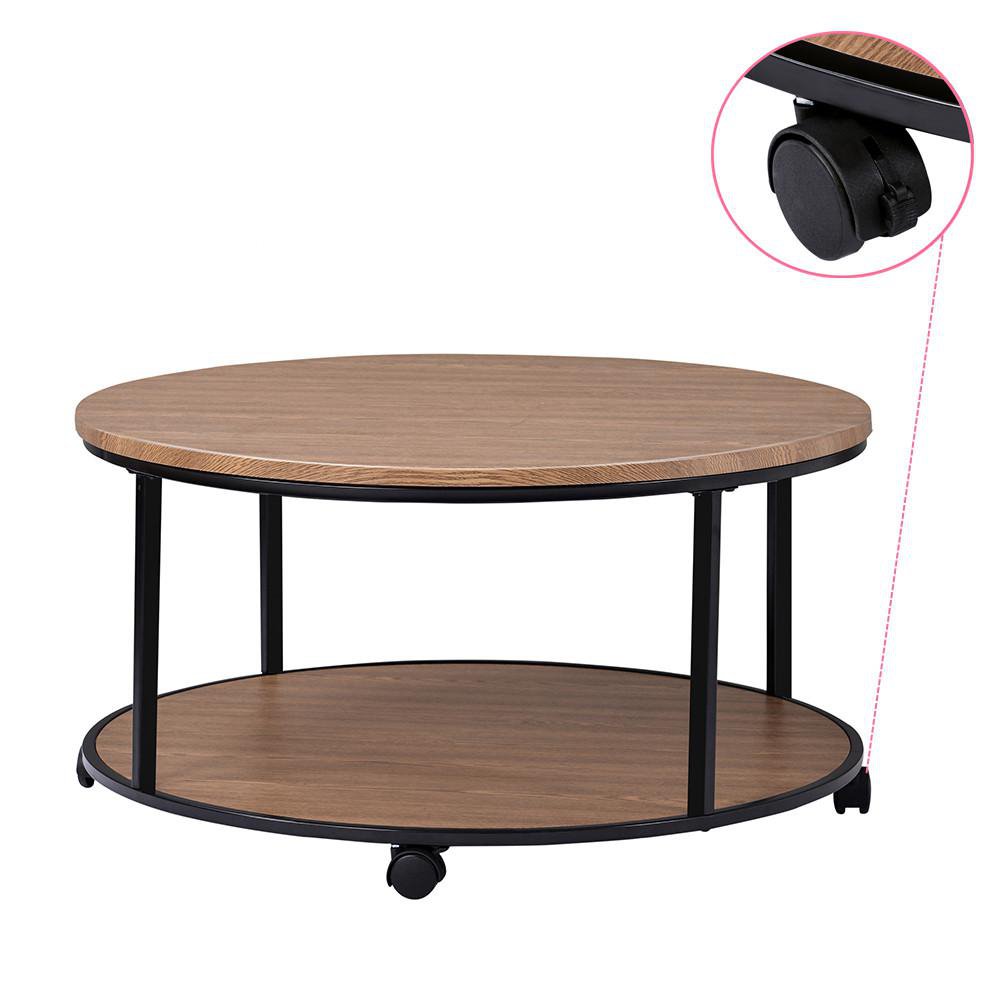 Round Coffee Table with Caster Wheels and Storage Shelf for Living Room
