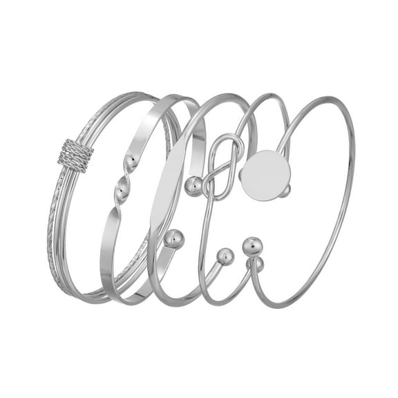 HUANLEDASH 5 Pcs Women Opening Bracelets Different Shapes Polished Alloy Stackable Bangle Set Adjustable Size Jewelry for Parties Occasions