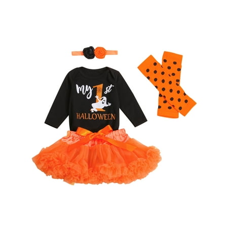 

Meihuida Baby Halloween Outfits Romper + Skirt + Leg Warmers + Headband 4-Pack