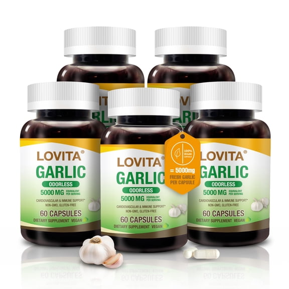 Lovita Odorless Garlic Extract | 5000mg | 1.25% Allicin | Gluten-Free | Support Immune Cardiovascular Health | 60 Vegetarian Capsules (Pack of 5)