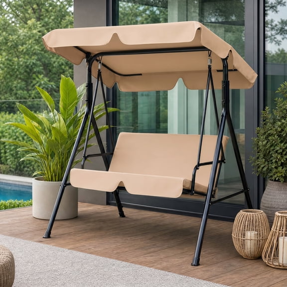 ANGELES HOME 2 Person Outdoor Porch Swing with Canopy & Cushion, Waterproof Outdoor Loveseat Swing Chair for Patio, Porch,Beige