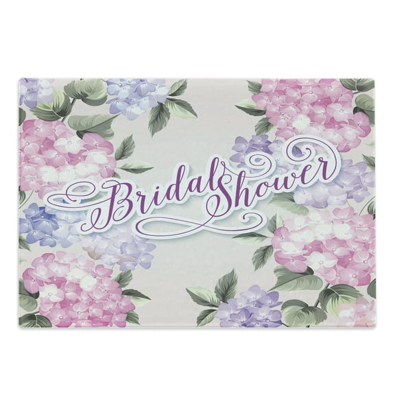 Bridal Shower Cutting Board, Shabby Form Hydrangea Flowers Wedding Bride Celebration Image, Decorative Tempered Glass Cutting and Serving Board, Large Size, Purple and Pale Pink, by Ambesonne