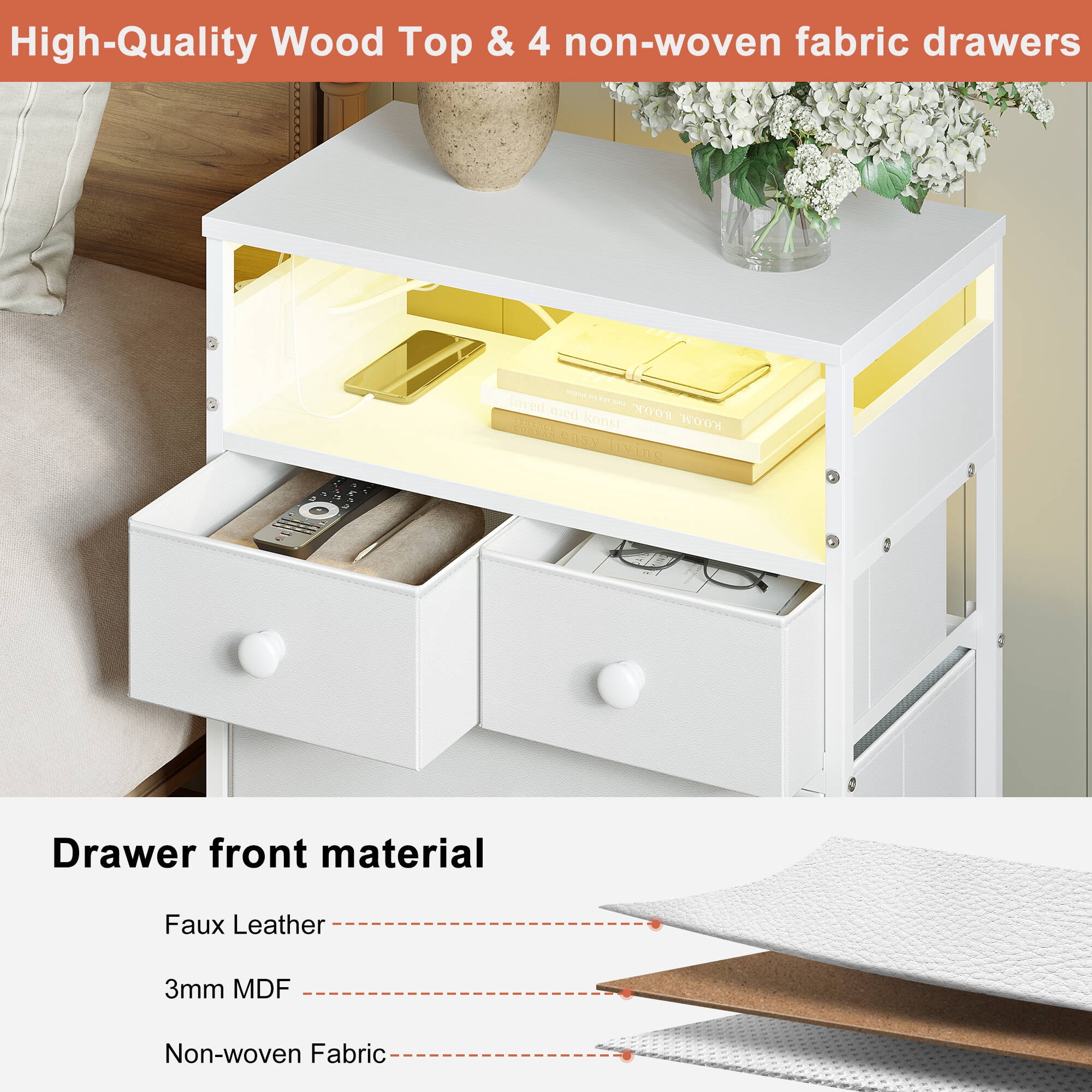 GUNAITO Led Nightstand Set of 2 with 4 Drawers Bedside Table with Charging Station Wide End Table with Storage Shelf for Living Room,White