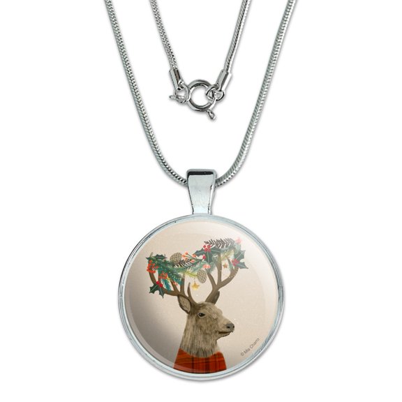 Christmas Tartan Deer and Holly Antlers 1" Pendant with Sterling Silver Plated Chain