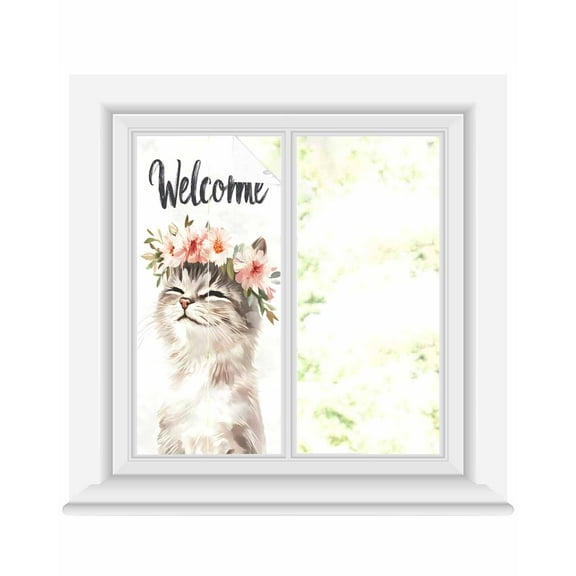 Window Privacy Film Cat Flower Stained Glass Window Film Decorative Sun Block Window Cover Spring Cute Idyllic Animal Garland Floral Window Clings Static Adhesive Sticker for Bathroom 17.7"x39.3"