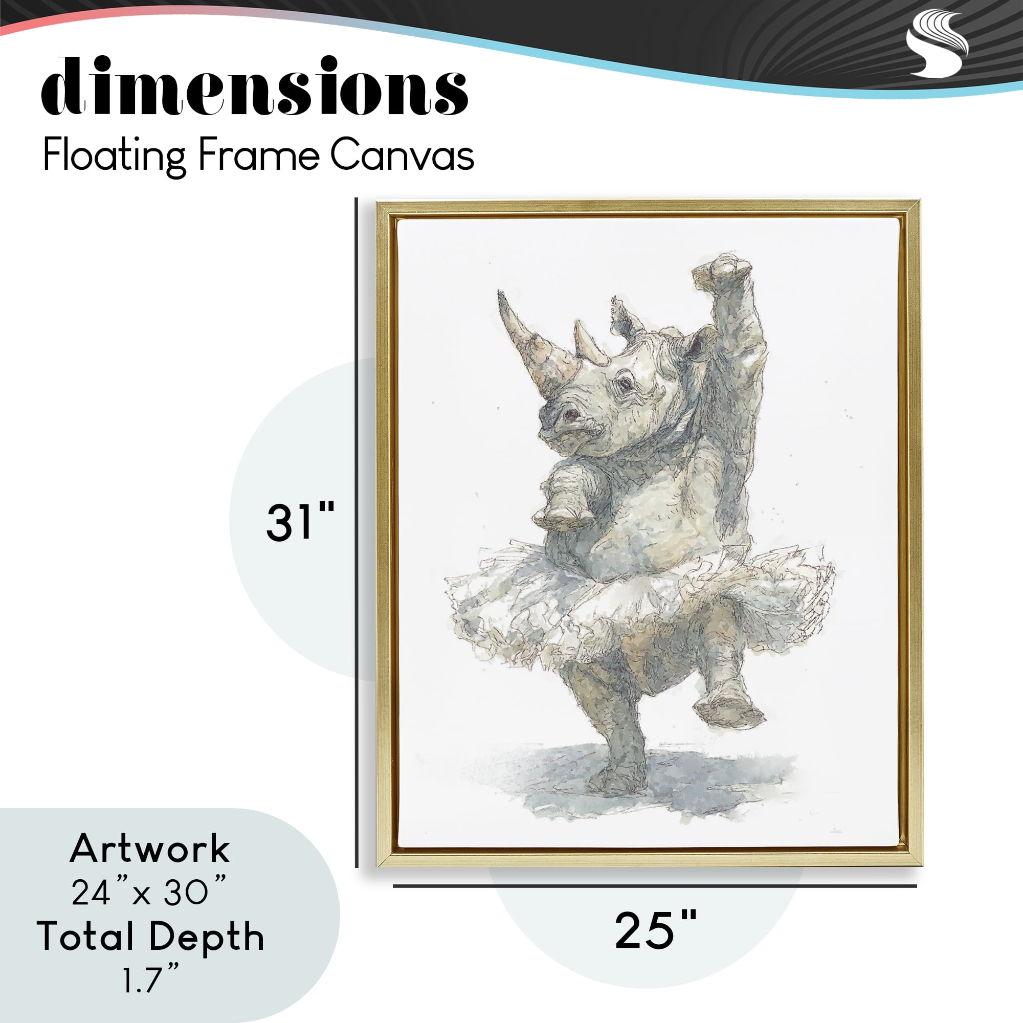 Ballet Rhino Tutu Gold Framed Floater Canvas Wall Art, design by Ziwei Li