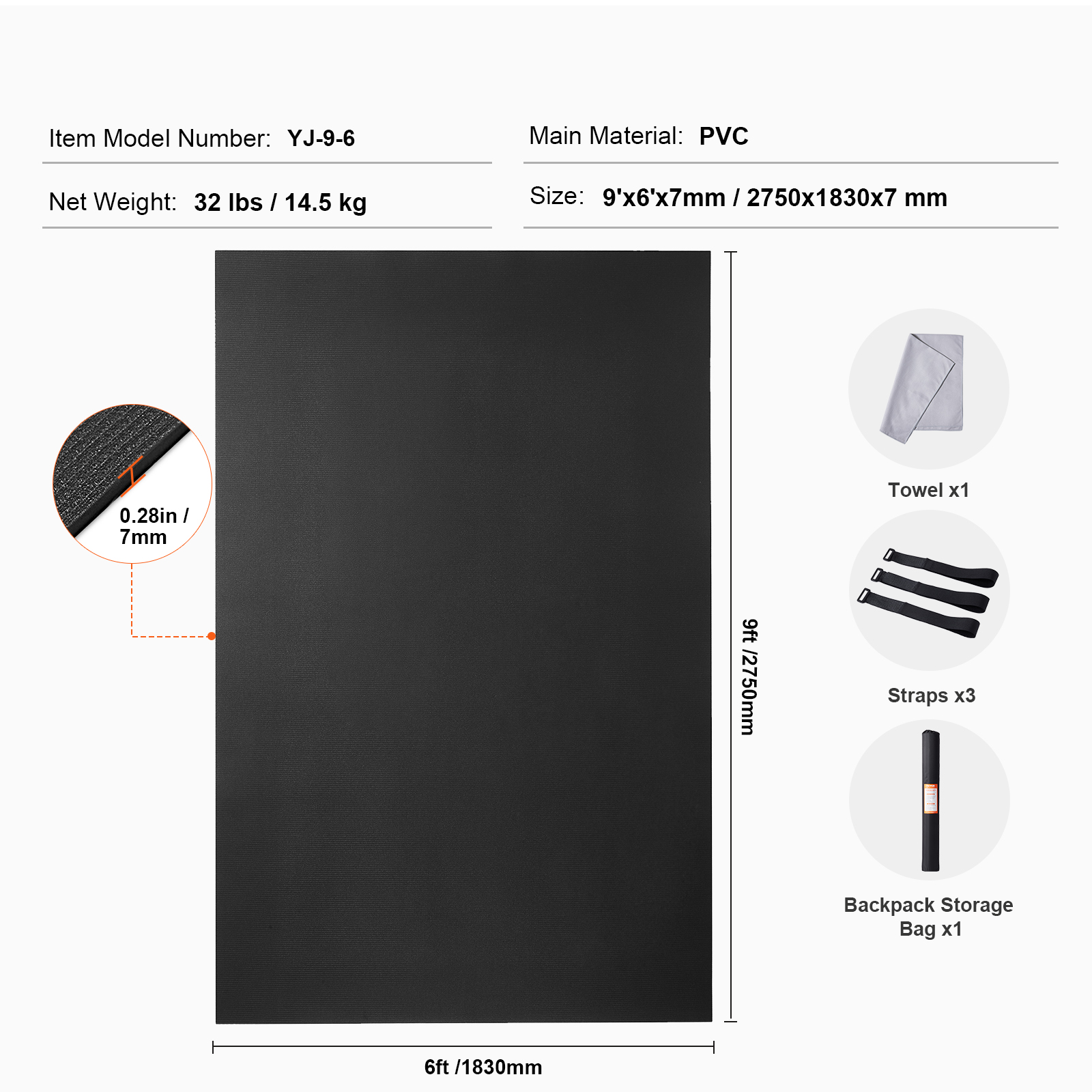 VEVOR Exercise Mat, Non Slip High Density Premium Yoga Mat, Exercise Yoga Mat for Men & Women, Fitness & Exercise Mat with Bag & Carry Strap, for All Types of Home Yoga, Floor Workout (9x6ft)