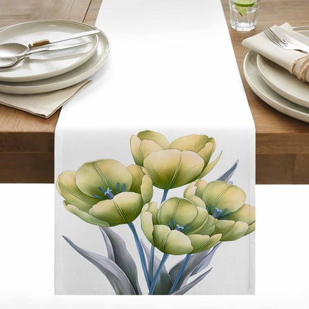 Yellow Tulip Cotton Linen Table Runner Watercolor Yellow Flower Grey Leaf Plant Vintage Dining Table Runners for Home Decor Party Dining Room Restaurant Kitchen 13 x 36