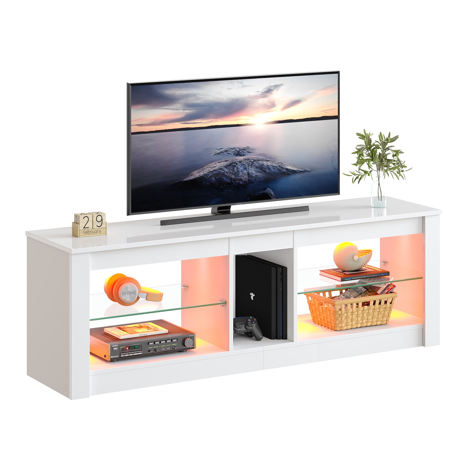 Bestier TV Stand for TVs up to 60" Entertainment Center with LED Lights Storage Shelves Modern High Gloss Console Table, White