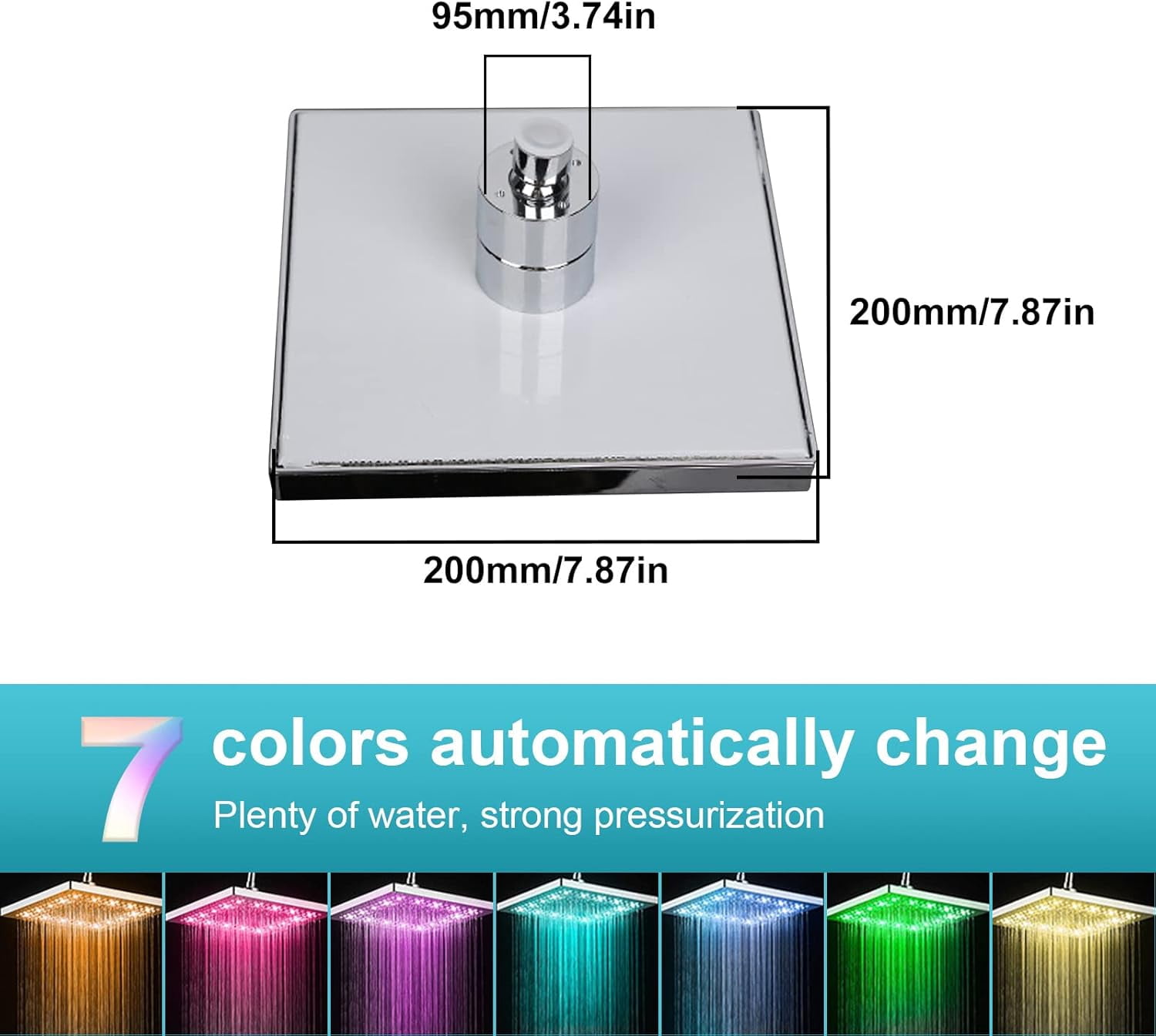 8 Inch LED Rain Shower Head, High Pressure Light Up Shower Head Color Changing with 7 Color Changing Automatically, Square Stainless Steel