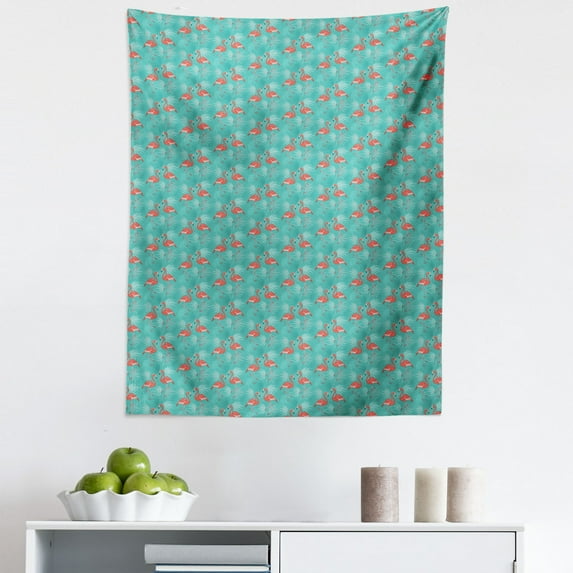 Flamingo Tapestry, Tropical Birds with Hawaiian Foliage Background Summer Holiday Theme, Fabric Wall Hanging Decor for Bedroom Living Room Dorm, 5 Sizes, Turquoise and Coral, by Ambesonne