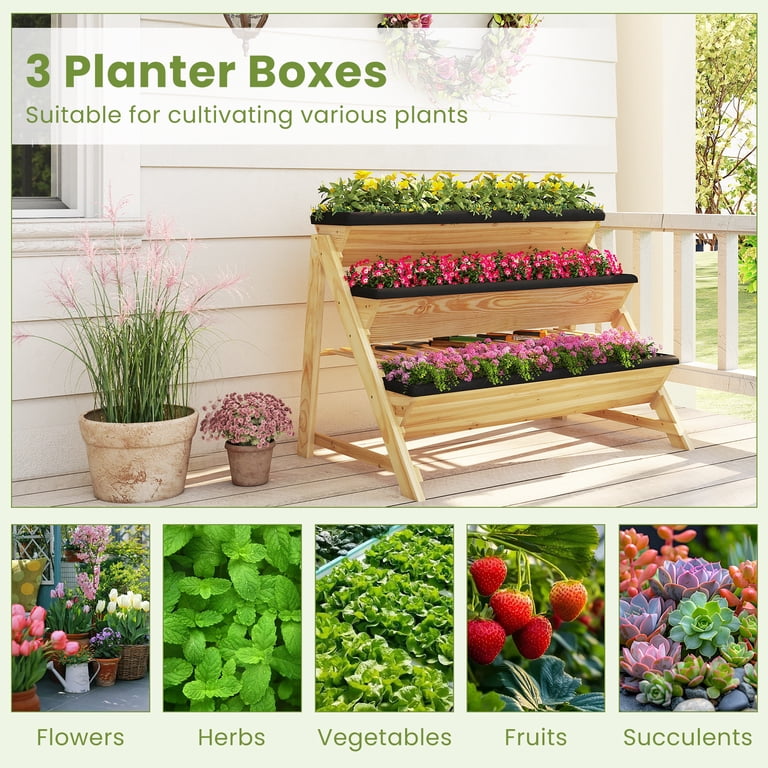 Costway Elevated 3 Tier Wooden Vegetable Planter Boxes with