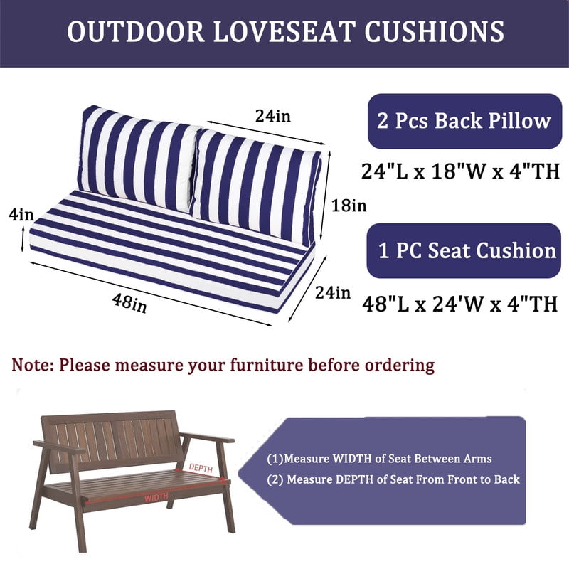Outdoor Loveseat Cushion Set, Water Resistant chair cushion for patio furniture 48 x 24 inch, Outdoor Sofa replacement Cushions with Ties, Deep Seat Cushions（Blue and white）