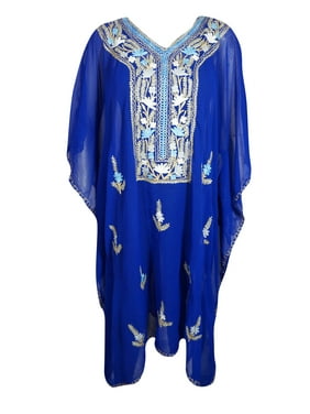 Mogul Womens Royal Blue Embellished Caftan Kimono Georgette Sheer Bikini Beach Cover Up Kaftan Dress