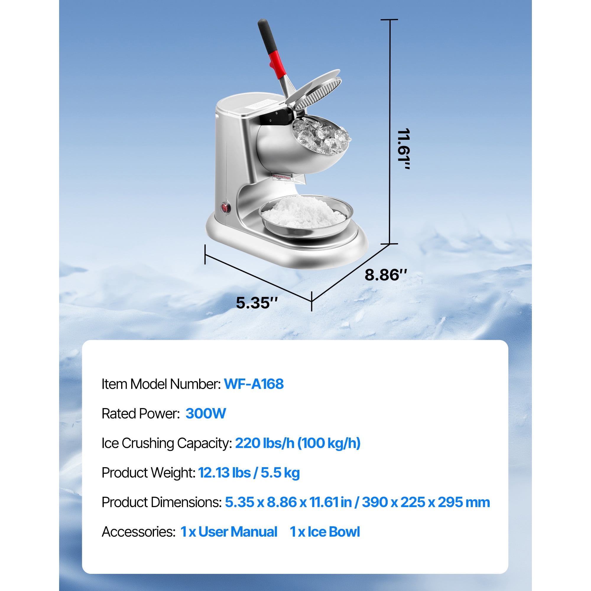 KFFKFF Electric Ice Crusher Machine, 220lbs/H Shaved Ice Maker with 4 Blades, Stainless Steel Snow Cone Machine with Bowl and Cover, 300W 2000RPM for Home and Commercial Applications, Silver