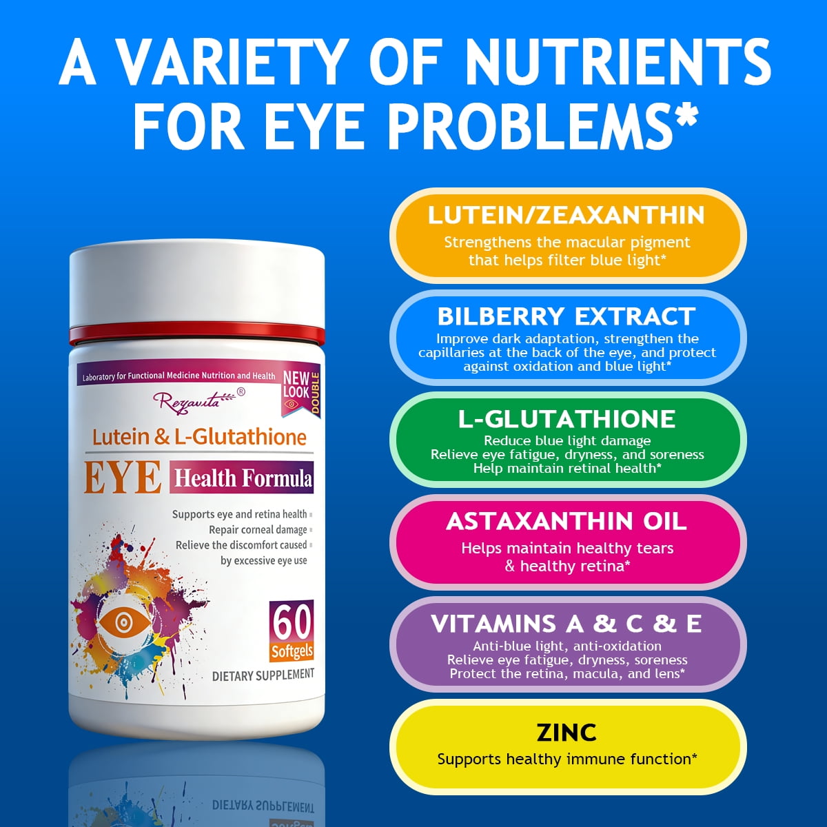Royavita Lutein & L-Glutathione Eye Health Formula, Eye Support Supplement with Lutein, Zeaxanthin, Bilberry Extract, Astaxanthin, Vitamins A C E & Zinc, 60 Softgels