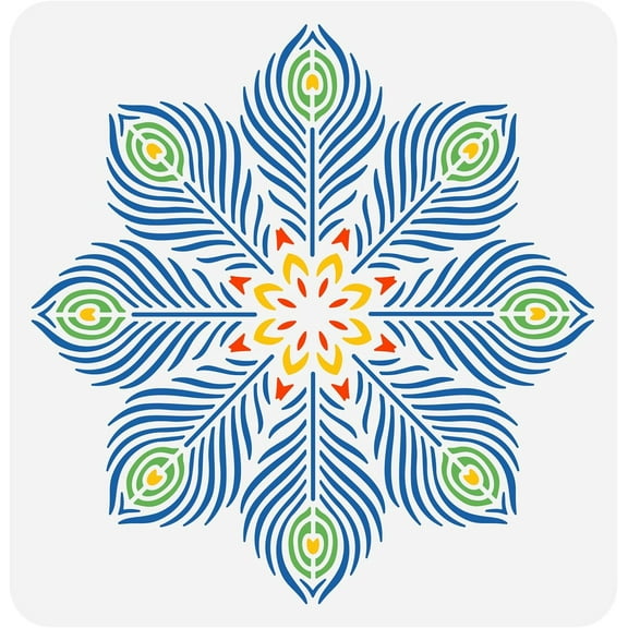 Peacock Feather Circle Stencil 11.8x11.8inch Reusable Peacock Feather Flower Painting Template Mandala Feather Decoration Stencil for Painting on Wall Wood Tile and Furniture