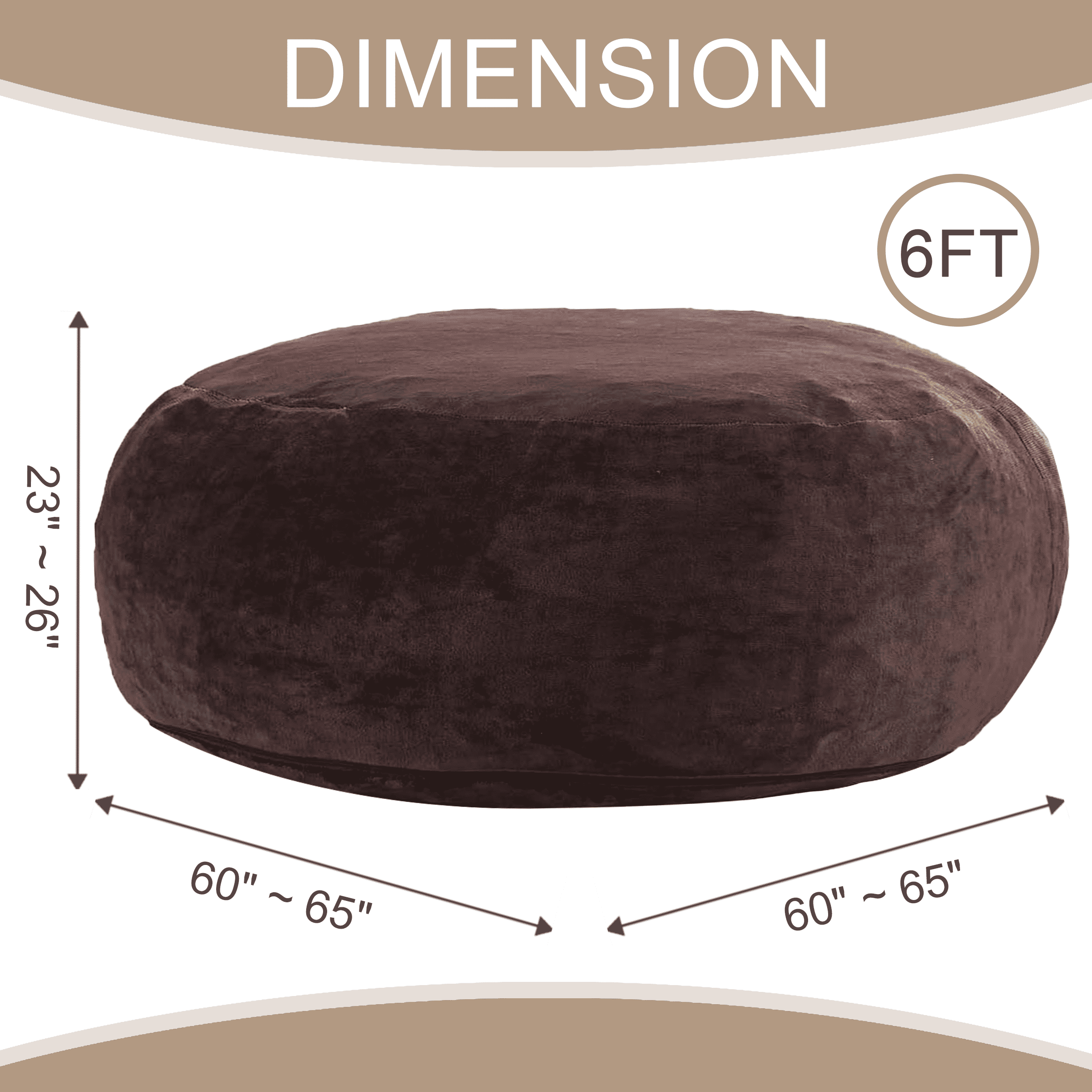 Sanae 6FT Large Bean Bag Chair, Memory Foam Sofa with Washable Suede Cover, Reinforced Zipper for Adults Kids, Reading, Living Room Bedroom, Brown
