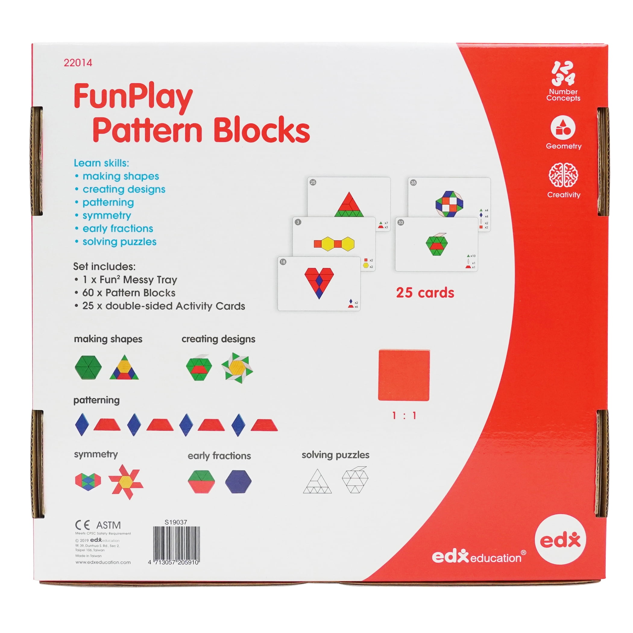 edxeducation FunPlay Pattern Blocks - Set of 60 Wooden Math Manipulatives + 50 Activities + Messy Tray