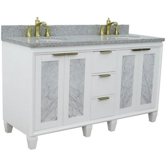 Trento 61" Double Oval Sink Solid Wood Vanity in White/Gray Granite Stone