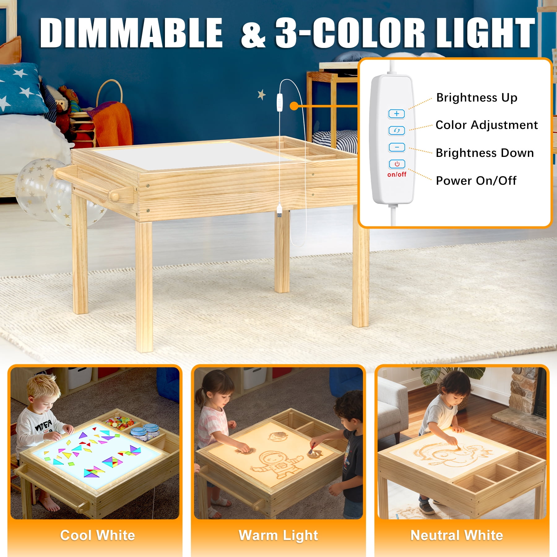 GDLF Light Table for Kids, 3-in-1 Kids Activity Table with Storage, LED Sensory, Building Brick & Art Table with Paper Roll Holder for Ages 3+
